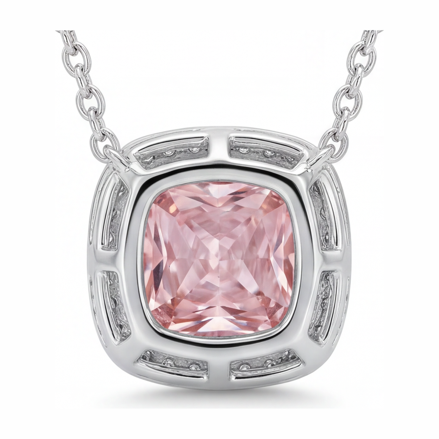 Halskette mit rosa Diamant 4,5 Karat im Labor gezüchtet Radiant Halo Pavé Kathedralen-Anhänger 14 Karat Weißgold
