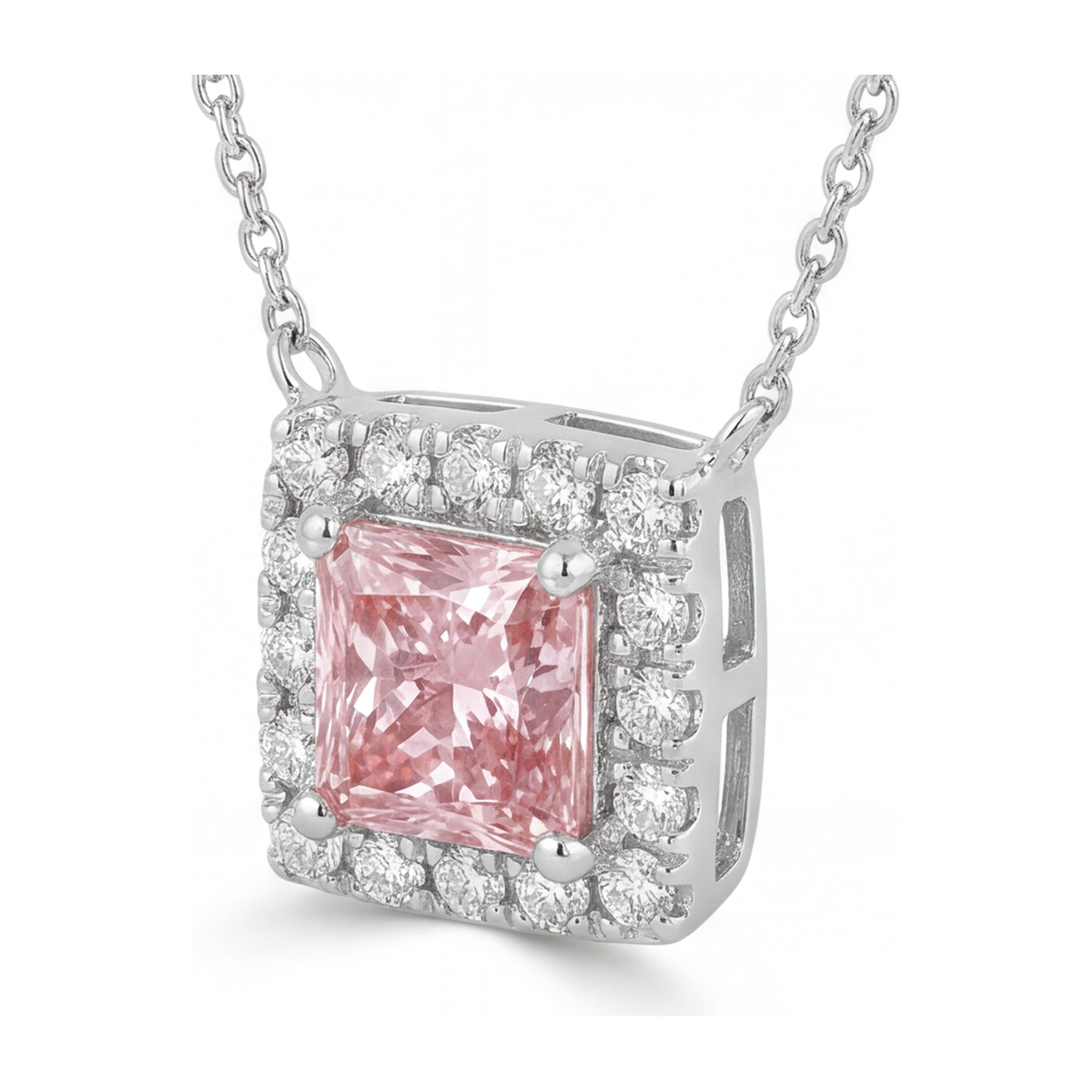 Rosa Diamant Halskette 4,5 Karat im Labor gezüchtet Radiant-Schliff Halo Pavé Anhänger 14 Karat Weißgold
