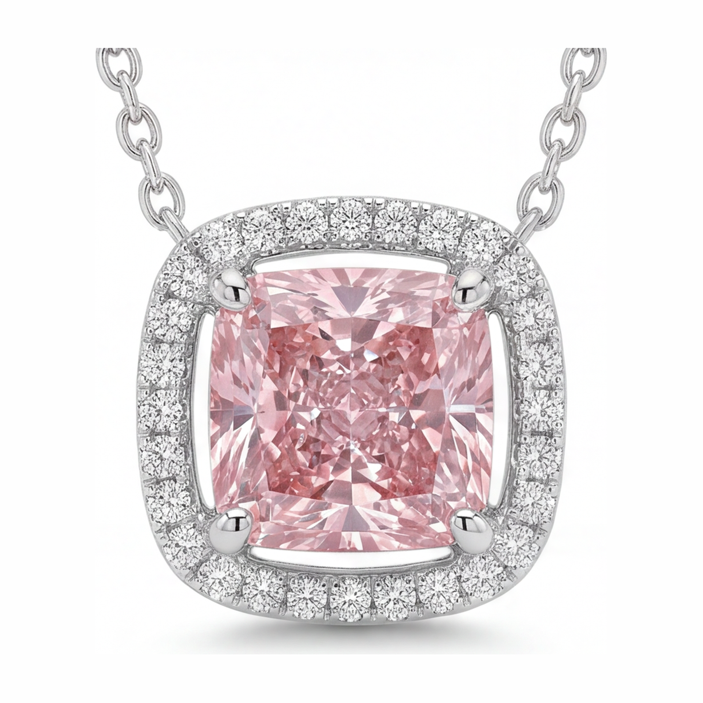 Halskette mit rosa Diamant 4,5 Karat im Labor gezüchtet Radiant Halo Pavé Kathedralen-Anhänger 14 Karat Weißgold