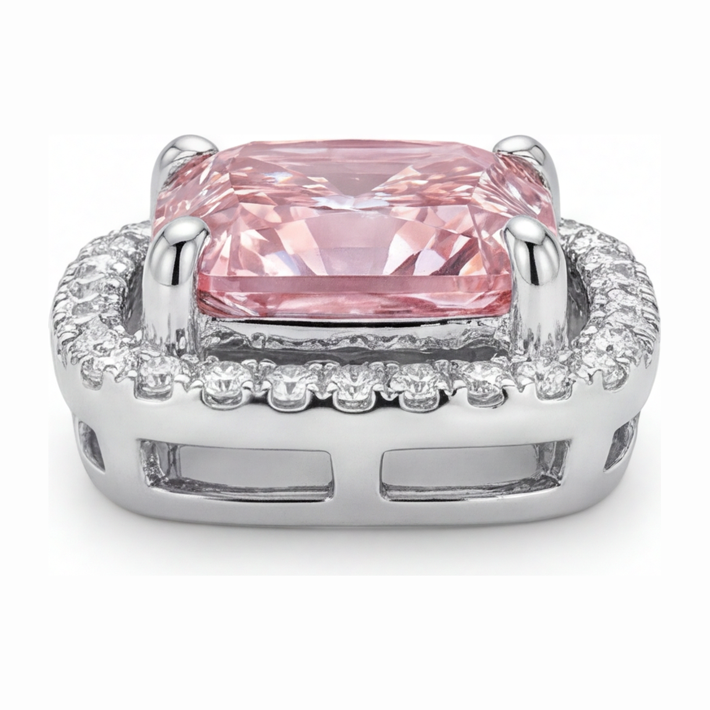 Halskette mit rosa Diamant 4,5 Karat im Labor gezüchtet Radiant Halo Pavé Kathedralen-Anhänger 14 Karat Weißgold