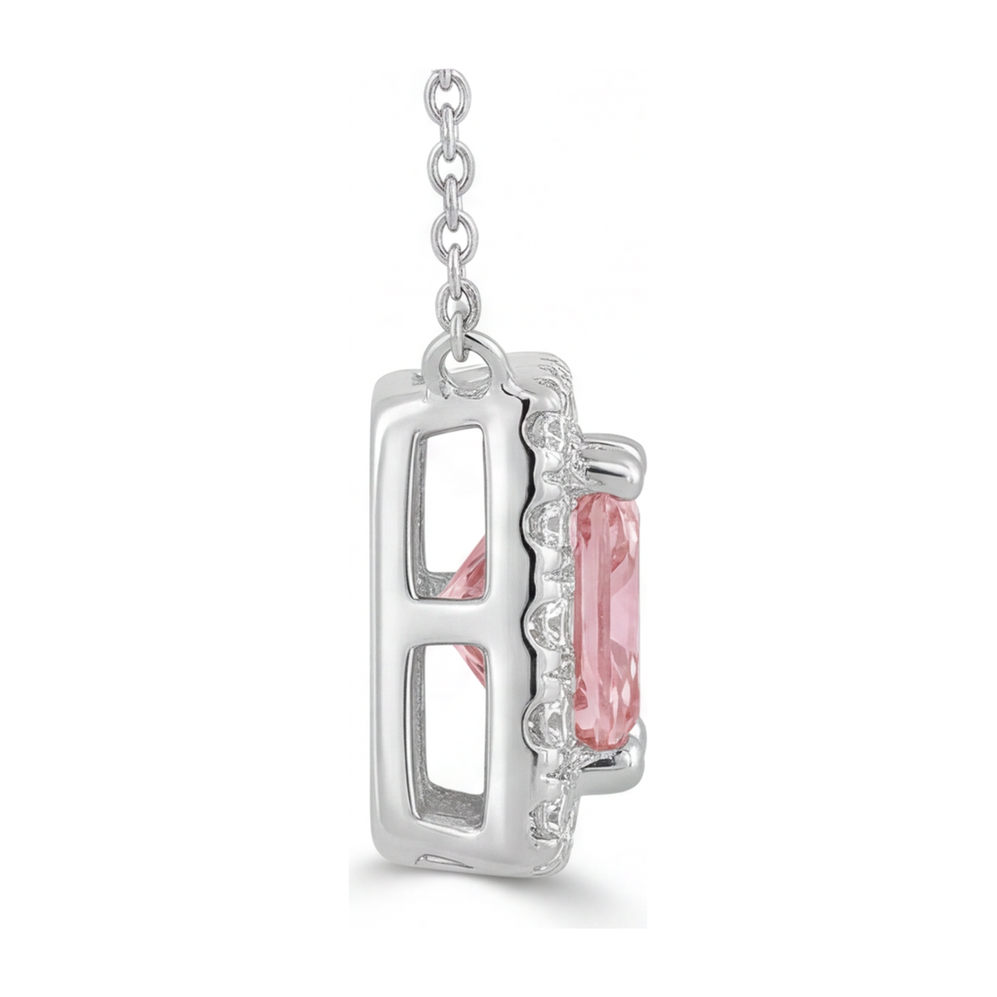 Rosa Diamant Halskette 4,5 Karat im Labor gezüchtet Radiant-Schliff Halo Pavé Anhänger 14 Karat Weißgold