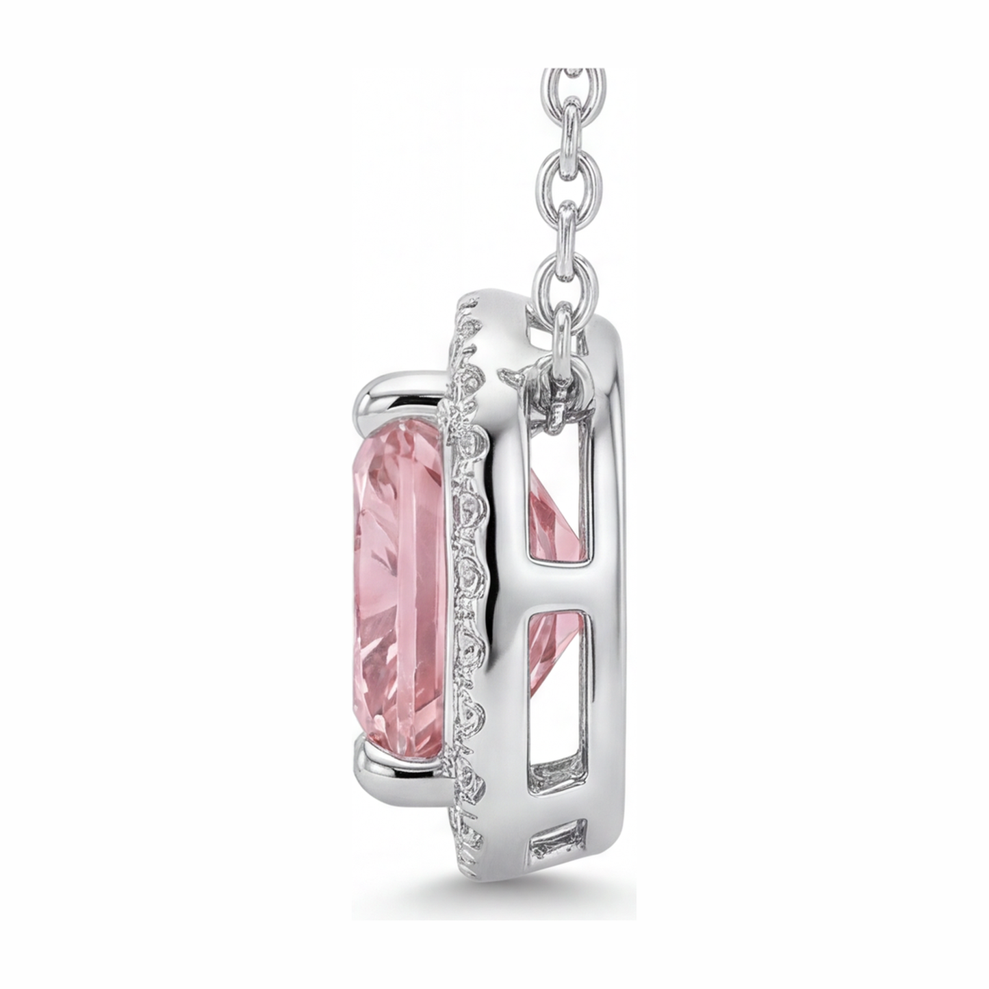 Halskette mit rosa Diamant 4,5 Karat im Labor gezüchtet Radiant Halo Pavé Kathedralen-Anhänger 14 Karat Weißgold