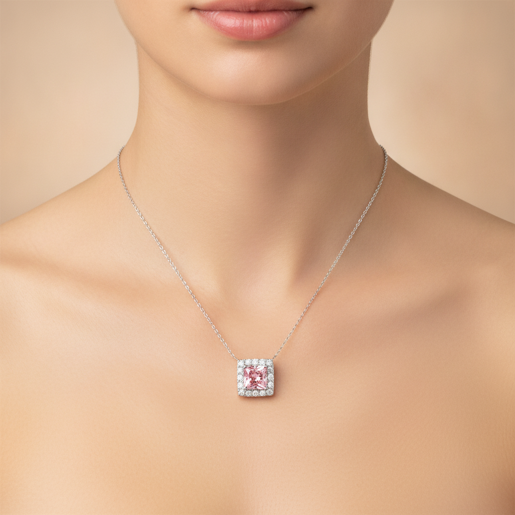 Rosa Diamant Halskette 4,5 Karat im Labor gezüchtet Radiant-Schliff Halo Pavé Anhänger 14 Karat Weißgold