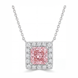 Rosa Diamant Halskette 4,5 Karat im Labor gezüchtet Radiant-Schliff Halo Pavé Anhänger 14 Karat Weißgold