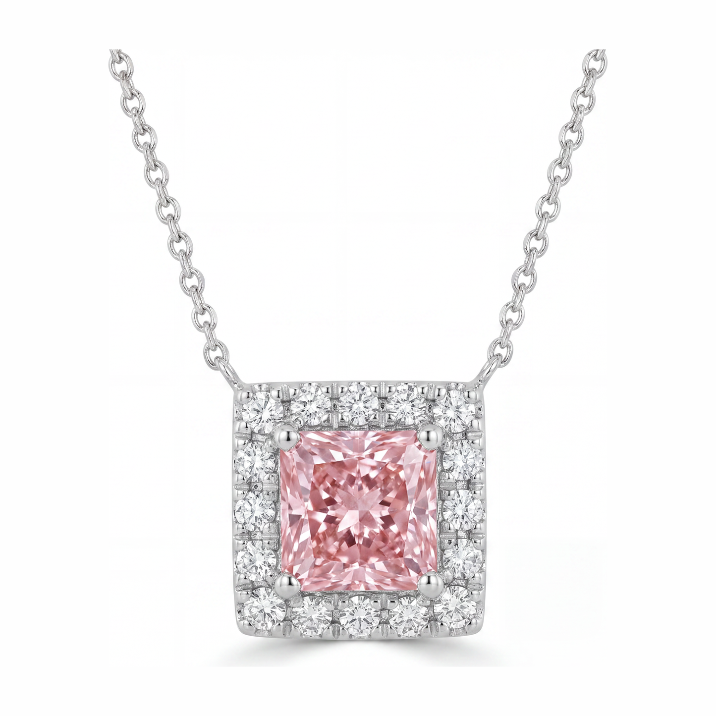 Rosa Diamant Halskette 4,5 Karat im Labor gezüchtet Radiant-Schliff Halo Pavé Anhänger 14 Karat Weißgold
