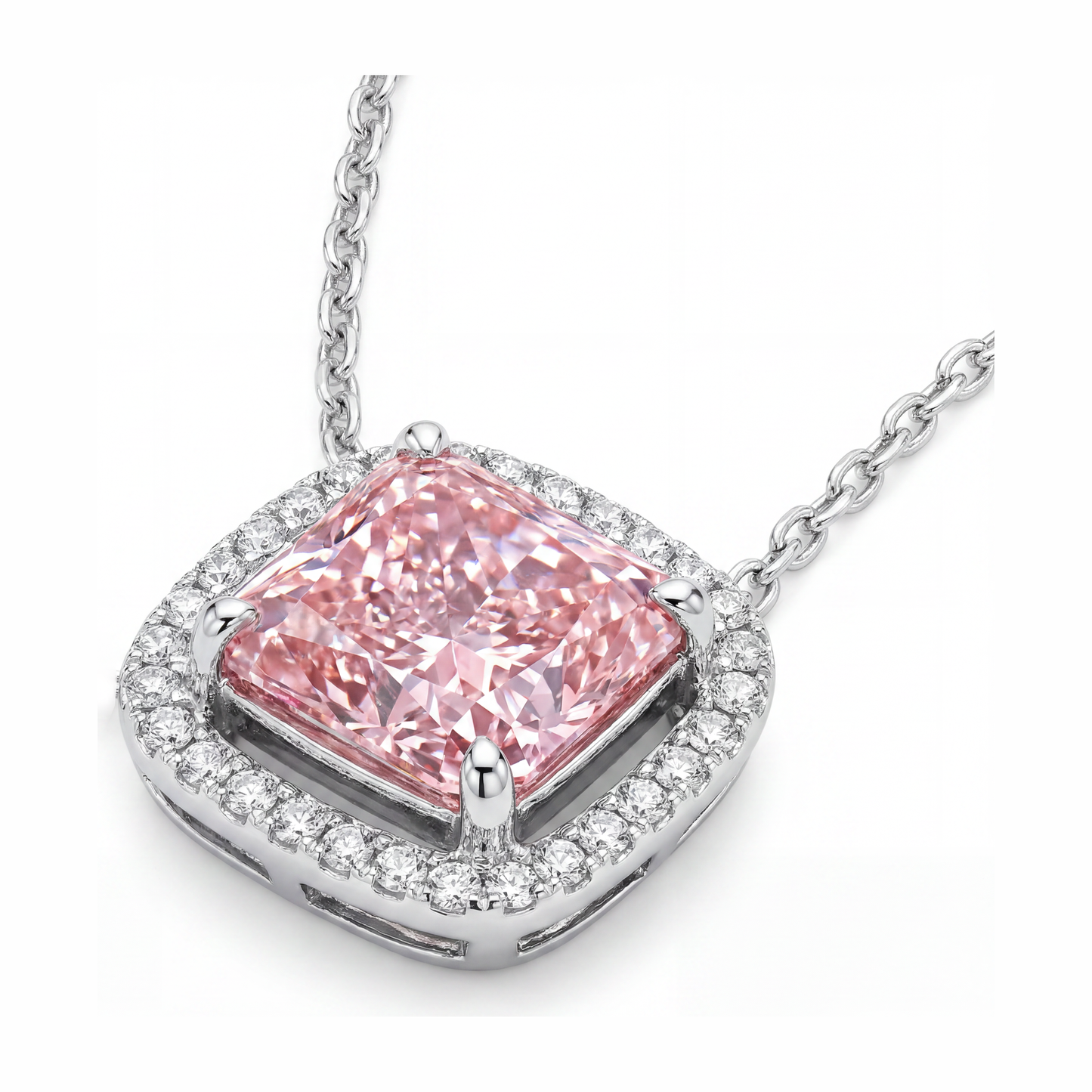 Halskette mit rosa Diamant 4,5 Karat im Labor gezüchtet Radiant Halo Pavé Kathedralen-Anhänger 14 Karat Weißgold