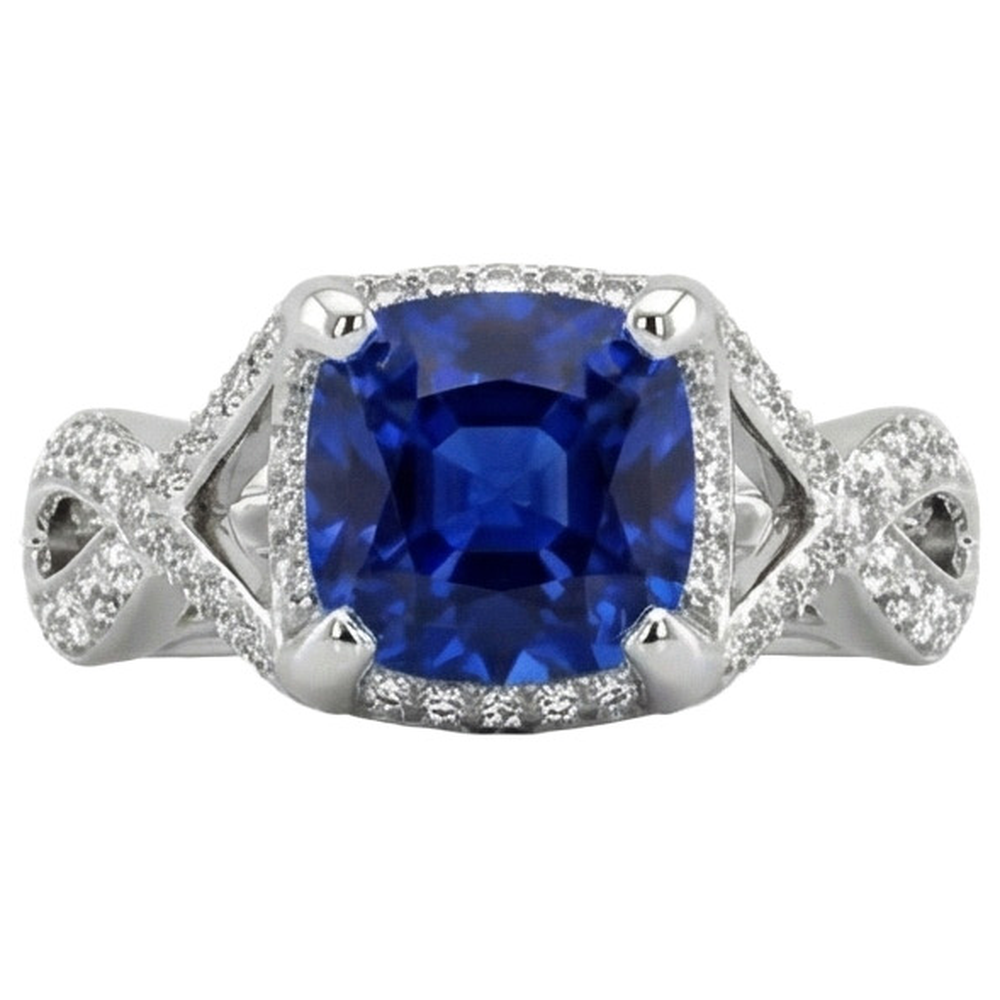 4.50 Karat srilankischer Saphir mit Aus der Erde Abgebauter Natürlicher Diamanten Ring Weißgold 14K