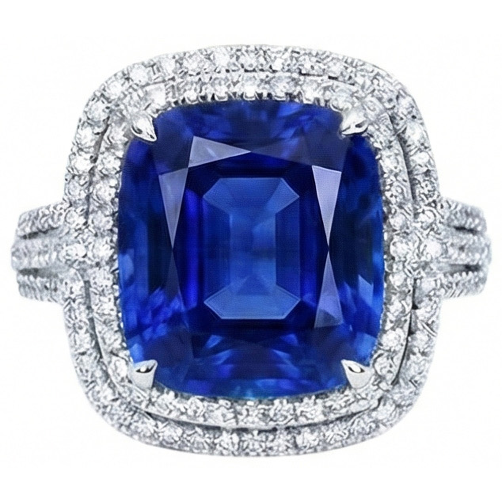 4.50 ct Kissen Ceylon blauer Saphir und runder Aus der Erde Abgebauter Natürlicher Diamant-Verlobungsring