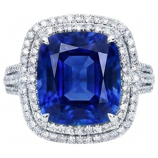 4.50 ct Kissen Ceylon blauer Saphir und runder Aus der Erde Abgebauter Natürlicher Diamant-Verlobungsring