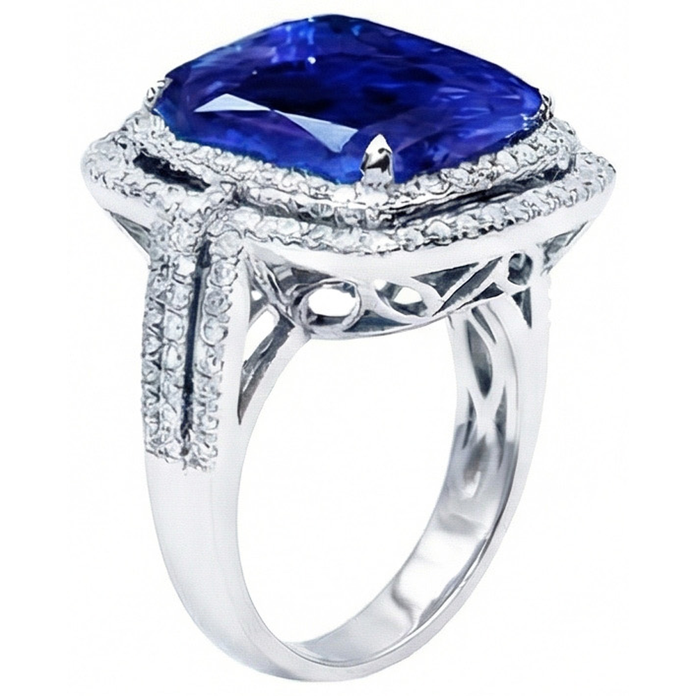 4.50 ct Kissen Ceylon blauer Saphir und runder Aus der Erde Abgebauter Natürlicher Diamant-Verlobungsring