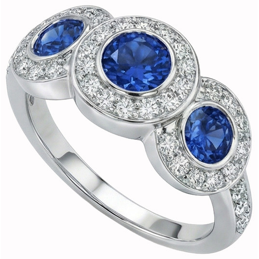 4.51 Karat Ceylon Saphir Aus der Erde Abgebauter Natürlicher Diamanten Weißgold 3 Steine Stil Ring