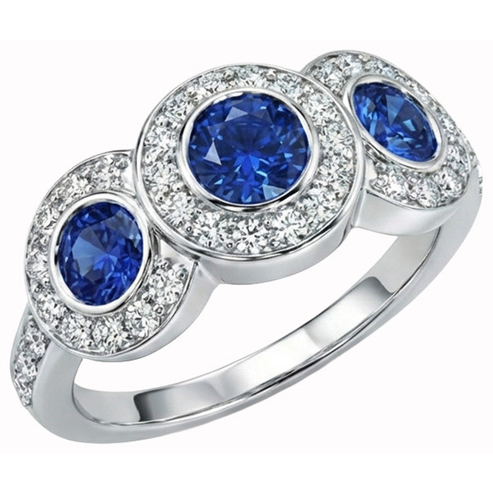 4.51 Karat Ceylon Saphir Aus der Erde Abgebauter Natürlicher Diamanten Weißgold 3 Steine Stil Ring