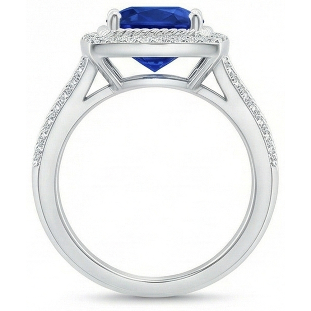 4.75 Karat Kissen und runder Saphir- und Aus der Erde Abgebauter Natürlicher Diamant-Jubiläumsring