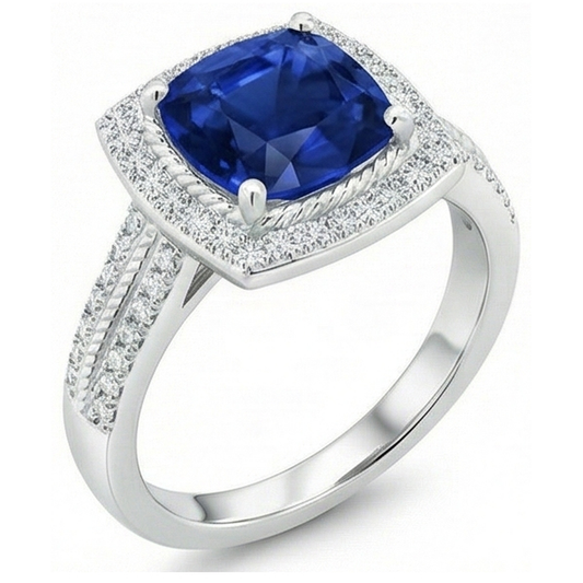 4.75 Karat Kissen und runder Saphir- und Aus der Erde Abgebauter Natürlicher Diamant-Jubiläumsring