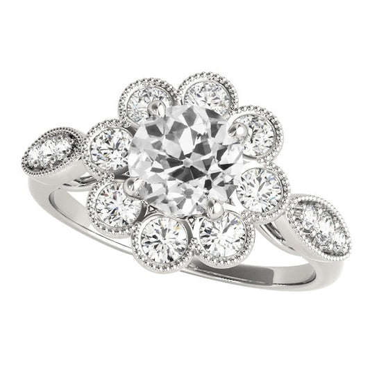 4 Karat Halo Ring Rund Alter Bergmann Echt Diamant Blumenstil 14K Gold