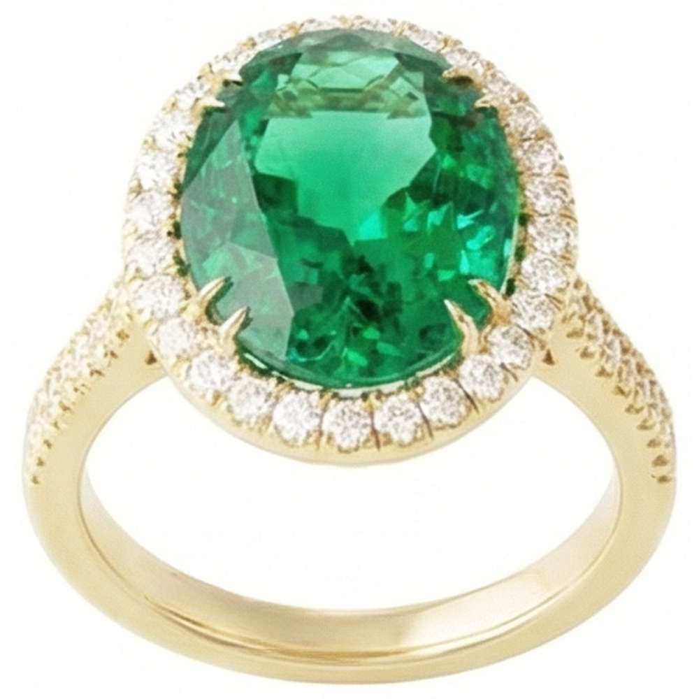 4 Karat Ovalschliff grüner Smaragd mit Halo-Aus der Erde Abgebauter Natürlicher Diamantring 14K Gelbgold