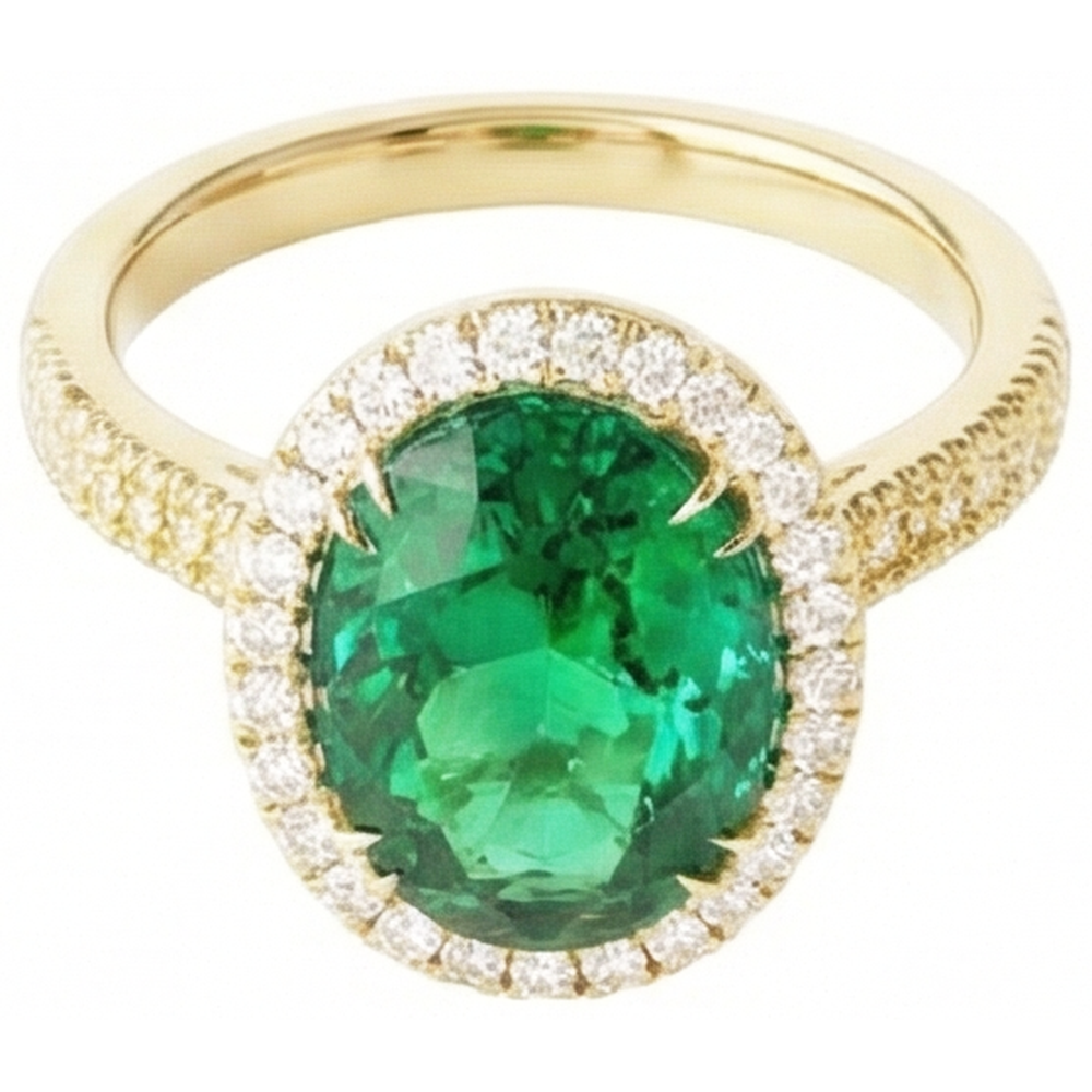 4 Karat Ovalschliff grüner Smaragd mit Halo-Aus der Erde Abgebauter Natürlicher Diamantring 14K Gelbgold