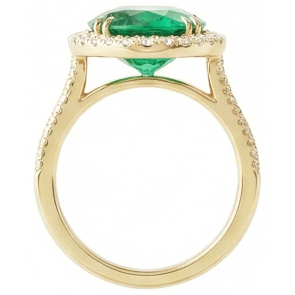 4 Karat Ovalschliff grüner Smaragd mit Halo-Aus der Erde Abgebauter Natürlicher Diamantring 14K Gelbgold