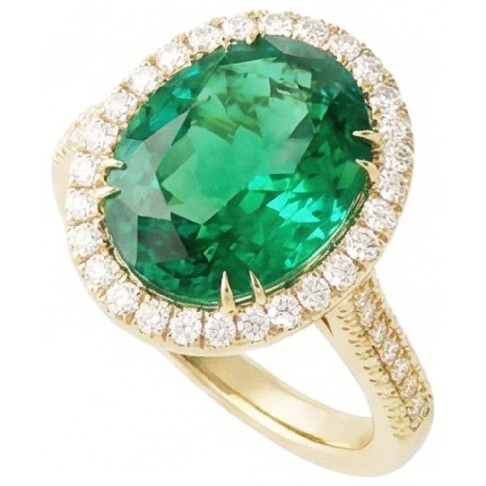 4 Karat Ovalschliff grüner Smaragd mit Halo-Aus der Erde Abgebauter Natürlicher Diamantring 14K Gelbgold
