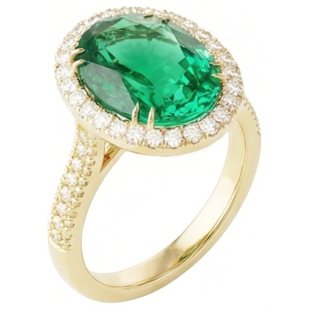 4 Karat Ovalschliff grüner Smaragd mit Halo-Aus der Erde Abgebauter Natürlicher Diamantring 14K Gelbgold