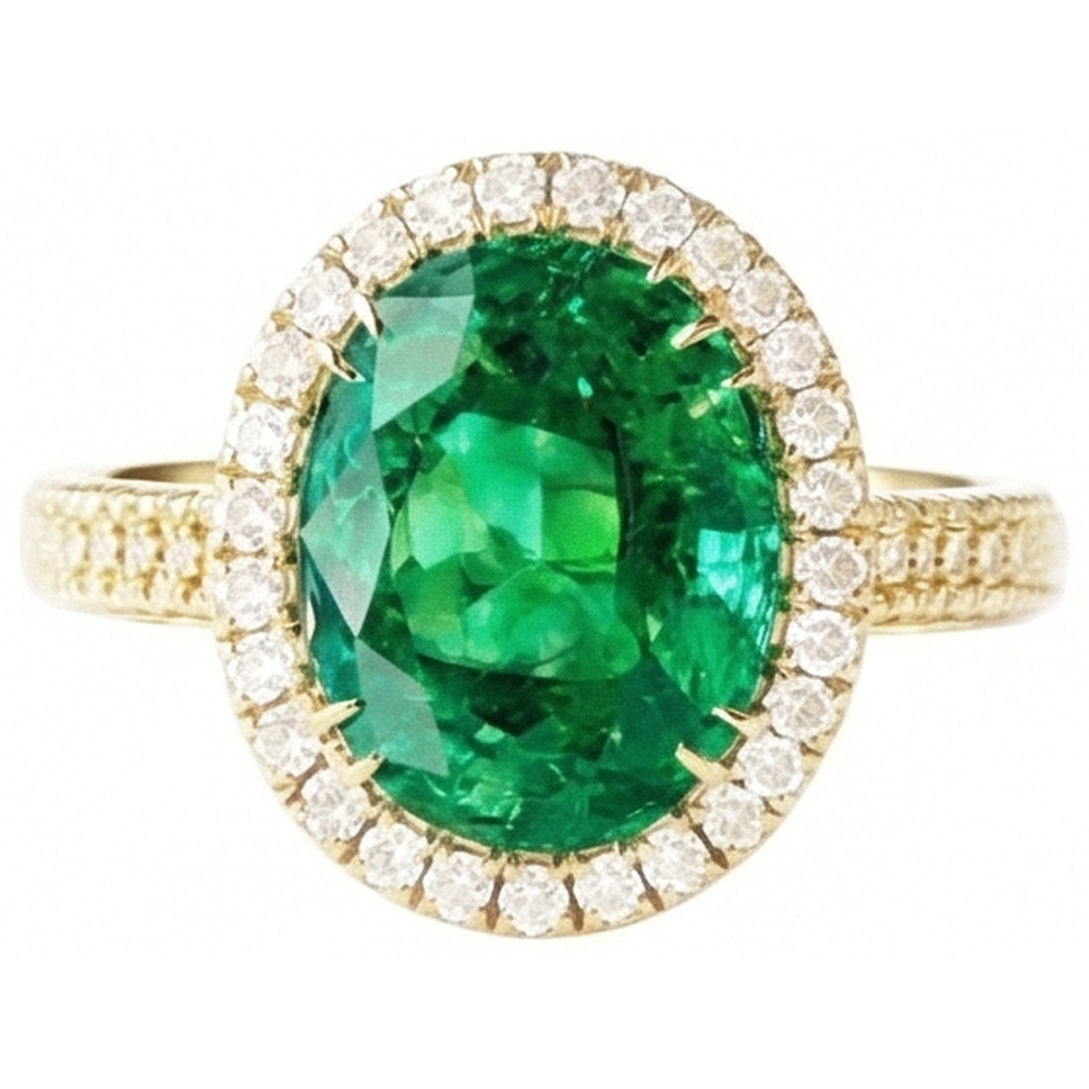 4 Karat Ovalschliff grüner Smaragd mit Halo-Aus der Erde Abgebauter Natürlicher Diamantring 14K Gelbgold