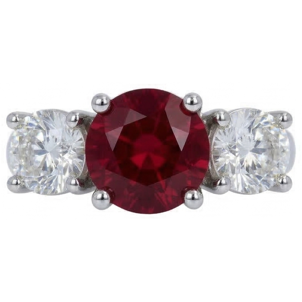 4 Karat Rubin und runder Aus der Erde Abgebauter Natürlicher Diamant 3 Stein Ring Weißgold Damenschmuck