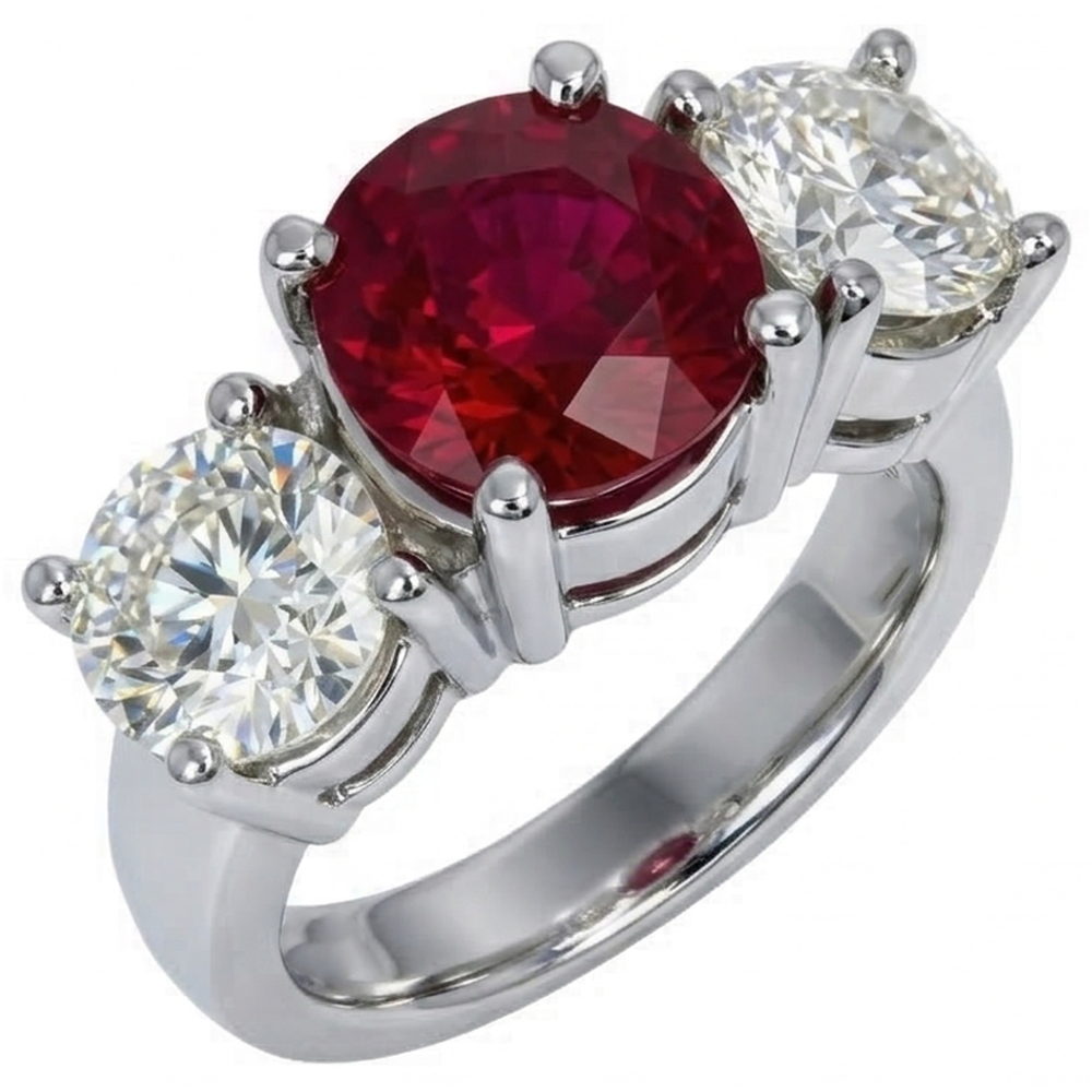 4 Karat Rubin und runder Aus der Erde Abgebauter Natürlicher Diamant 3 Stein Ring Weißgold Damenschmuck