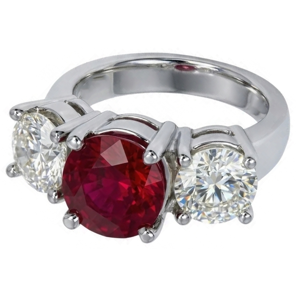 4 Karat Rubin und runder Aus der Erde Abgebauter Natürlicher Diamant 3 Stein Ring Weißgold Damenschmuck