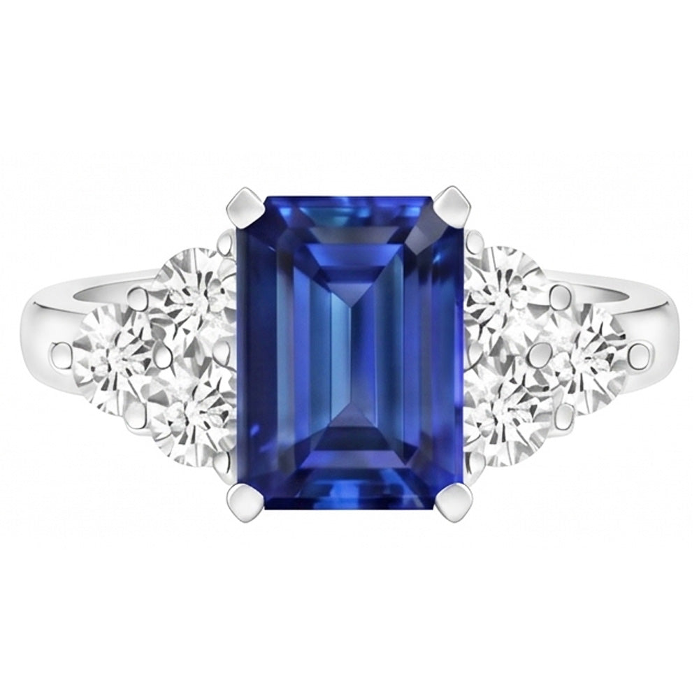 4 Karat Smaragdschliff Ceylonblauer Saphir und runder Aus der Erde Abgebauter Natürlicher Diamant Ehering