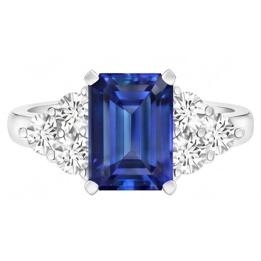 4 Karat Smaragdschliff Ceylonblauer Saphir und runder Aus der Erde Abgebauter Natürlicher Diamant Ehering
