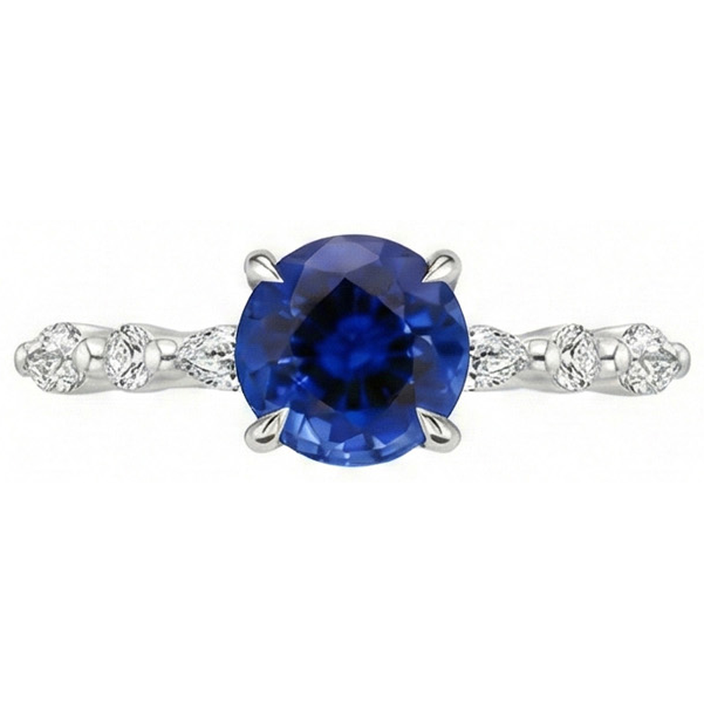 4 Karat Verlobungsring Rund Ceylon Saphir & Aus der Erde Abgebauter Natürlicher Diamant Marquise Gold