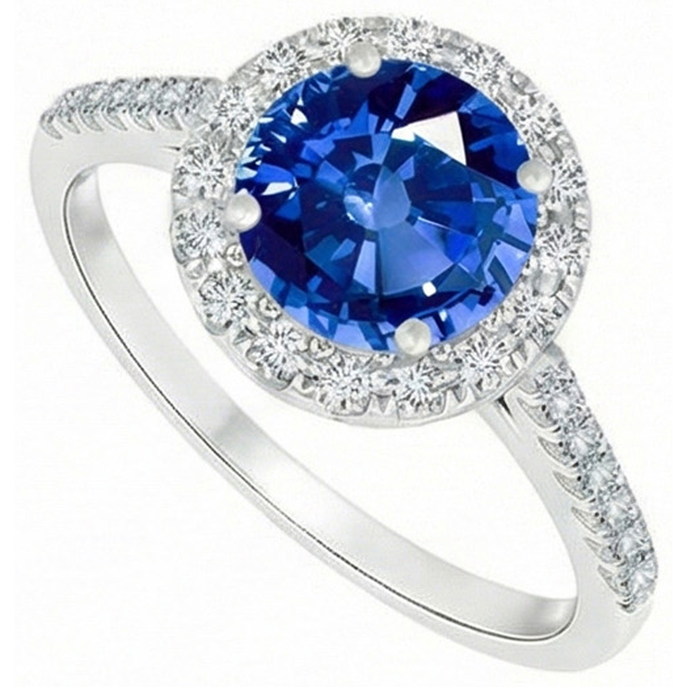 4 Kt. Ceylon Saphir und Aus der Erde Abgebauter Natürlicher Diamanten Ring Weißgold 14K