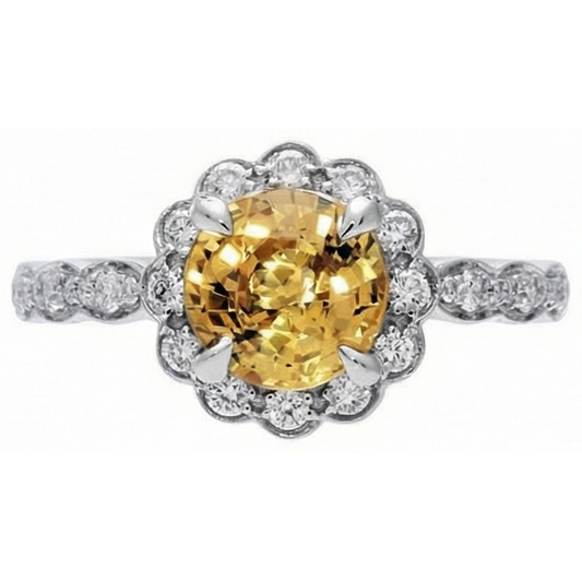 4 Kt Gelber Saphir Und Aus der Erde Abgebauter Natürlicher Diamanten Ring Weißgold 14K