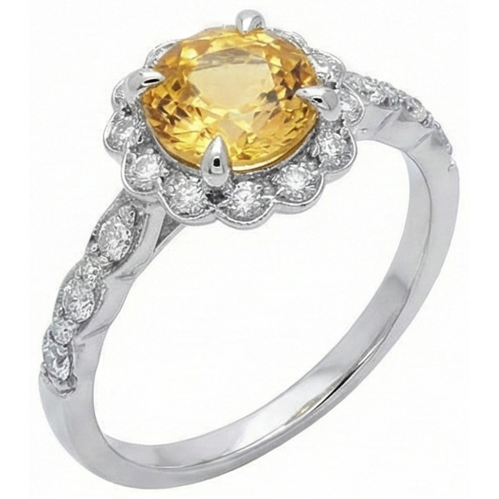 4 Kt Gelber Saphir Und Aus der Erde Abgebauter Natürlicher Diamanten Ring Weißgold 14K