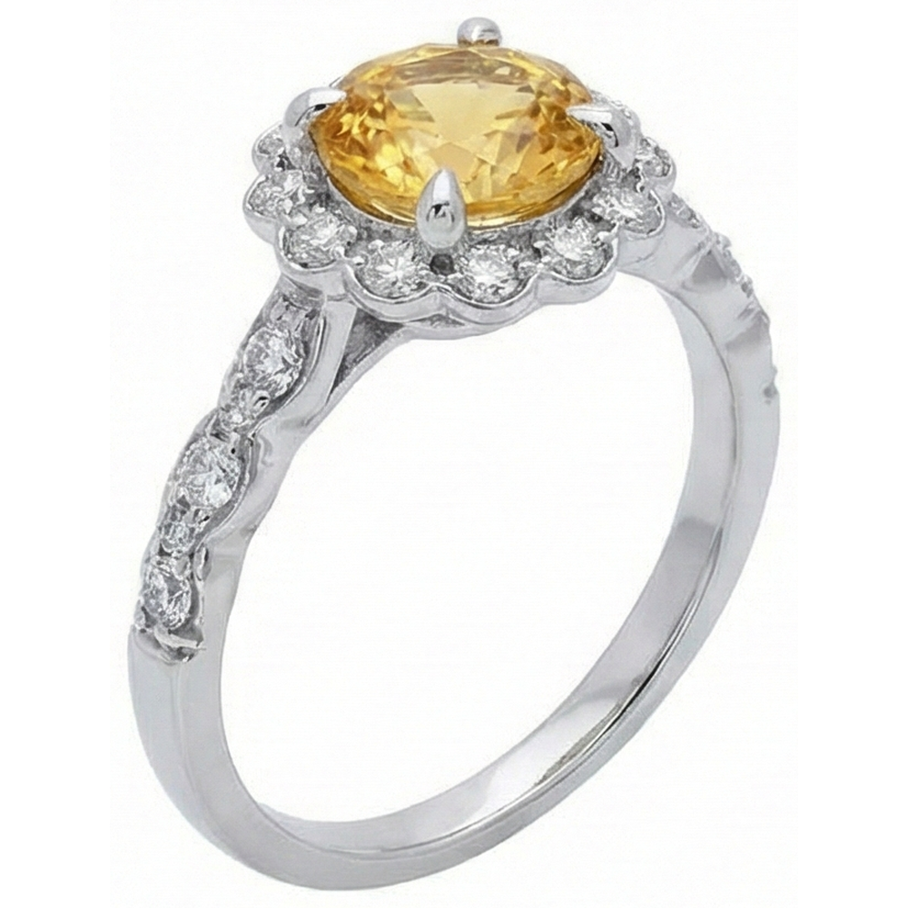 4 Kt Gelber Saphir Und Aus der Erde Abgebauter Natürlicher Diamanten Ring Weißgold 14K