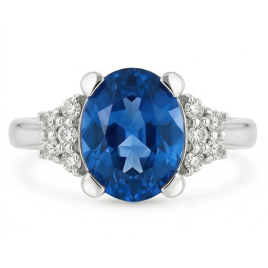 4 Kt. Sri Lanka Blauer Saphir-Aus der Erde Abgebauter Natürlicher Diamant-Ring Weißgold 14K