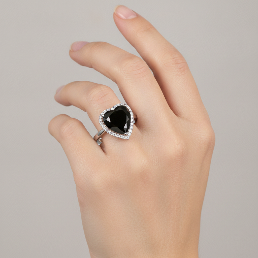 Ehering mit schwarzem Diamant 9 Karat Echter Herz-Halo 14 Karat Weißgold