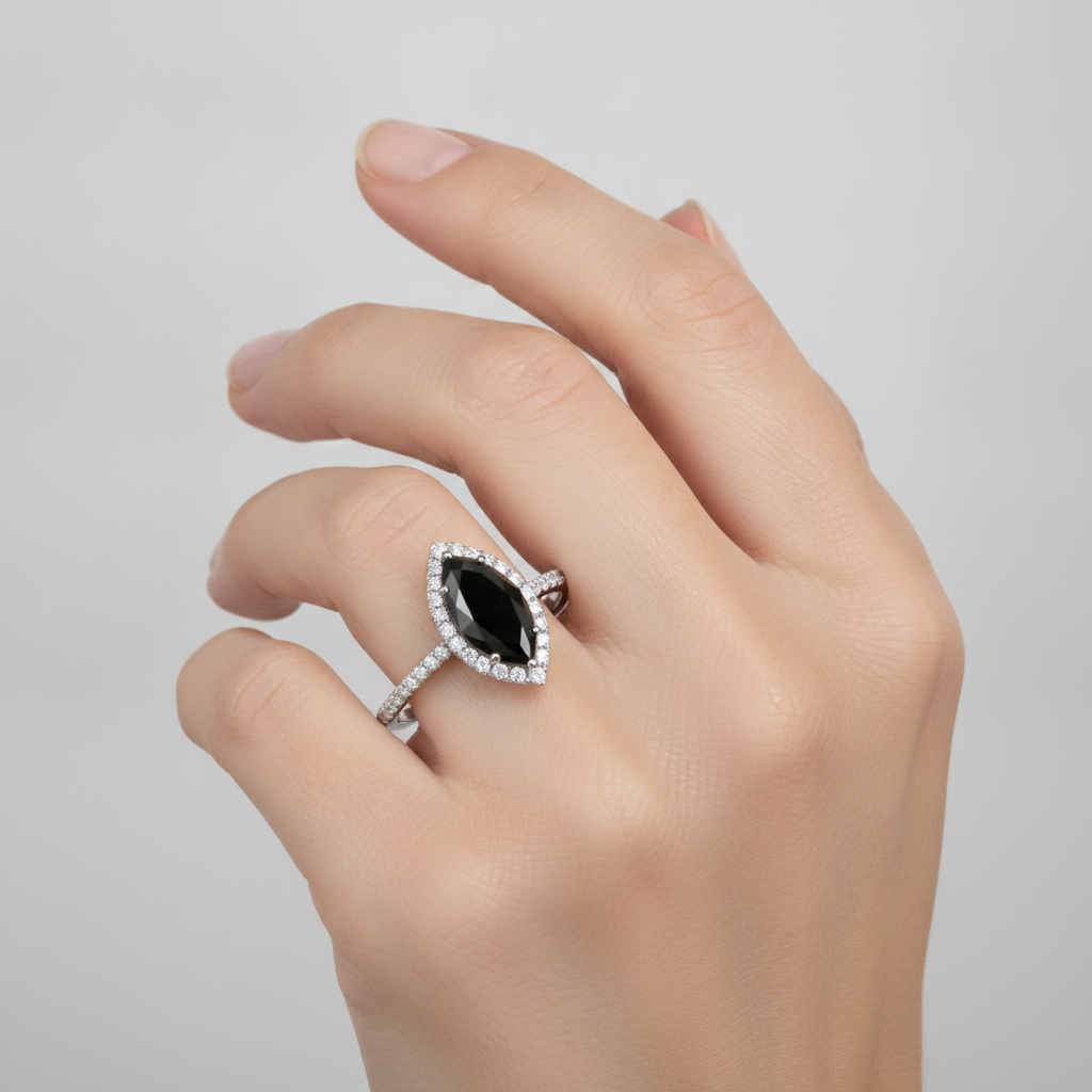 Ehering mit echtem schwarzem Diamant 4 Karat Marquise Halo 14 Karat Weißgold