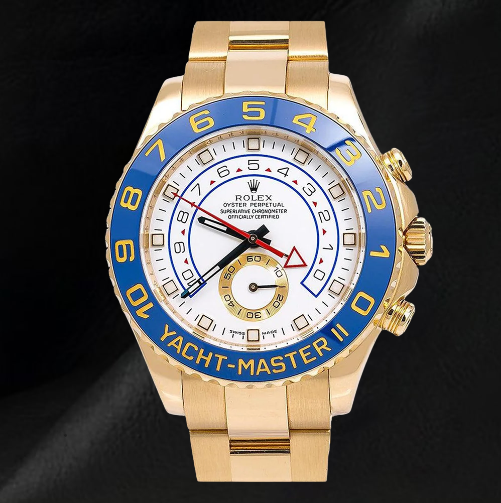 Rolex Yacht-Master II 116688 Uhr aus 18 Karat Gelbgold, 44 mm, weißes Zifferblatt, blaue Keramiklünette