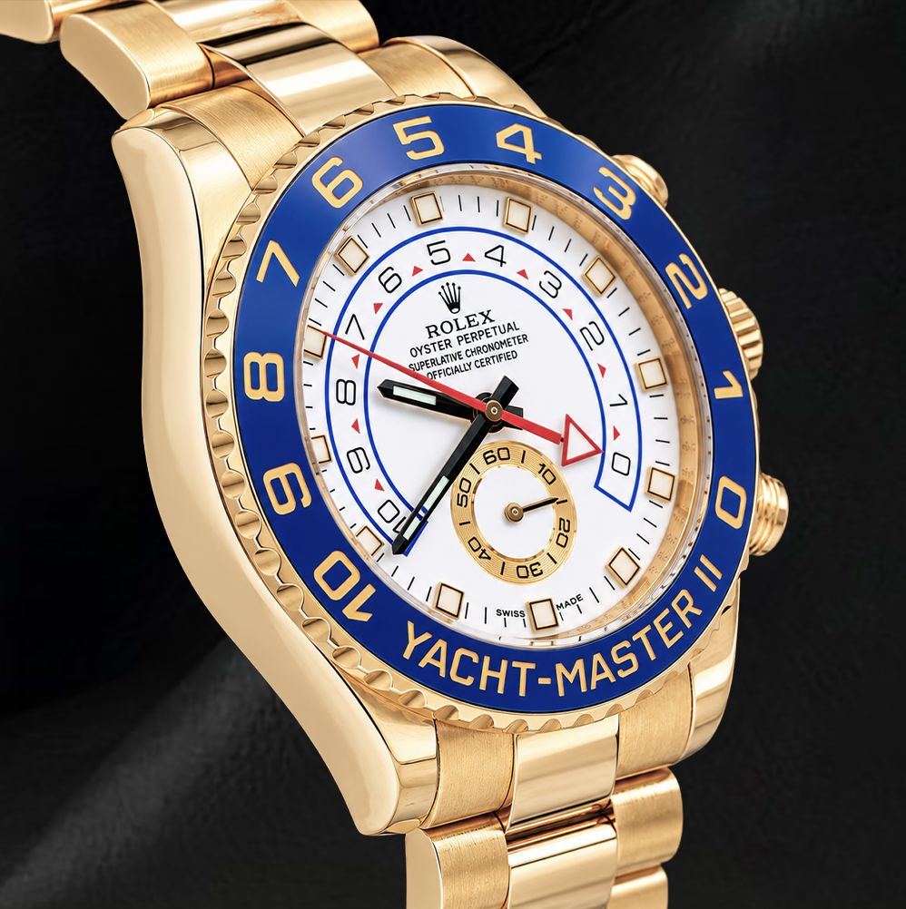 Rolex Yacht-Master II 116688 Uhr aus 18 Karat Gelbgold, 44 mm, weißes Zifferblatt, blaue Keramiklünette