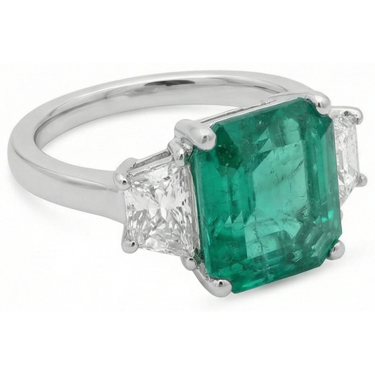 4,25 Karat Grüner Smaragd Aus der Erde Abgebauter Natürlicher Diamant Drei Stein Ring Weißgold 14K Neu