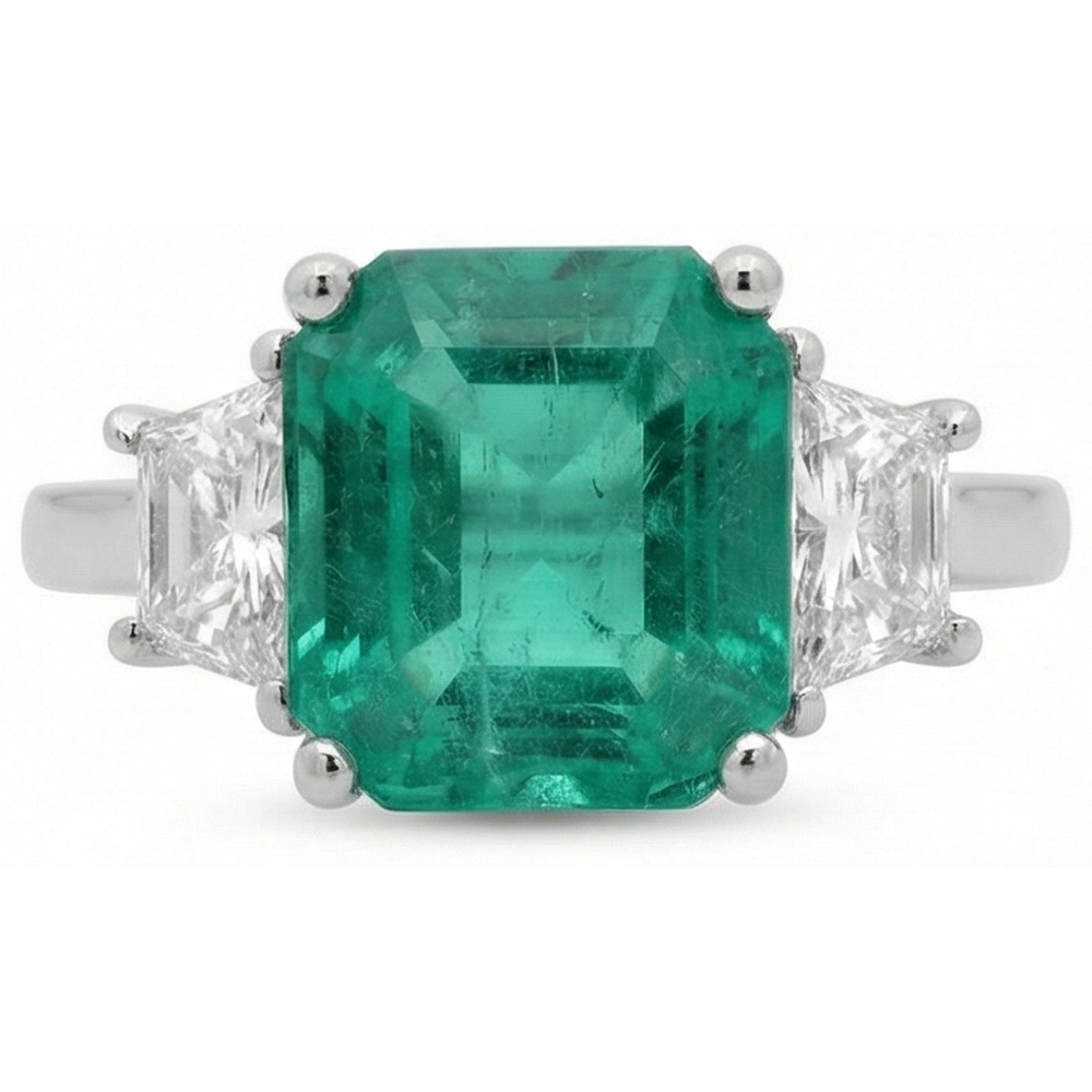 4,25 Karat Grüner Smaragd Aus der Erde Abgebauter Natürlicher Diamant Drei Stein Ring Weißgold 14K Neu