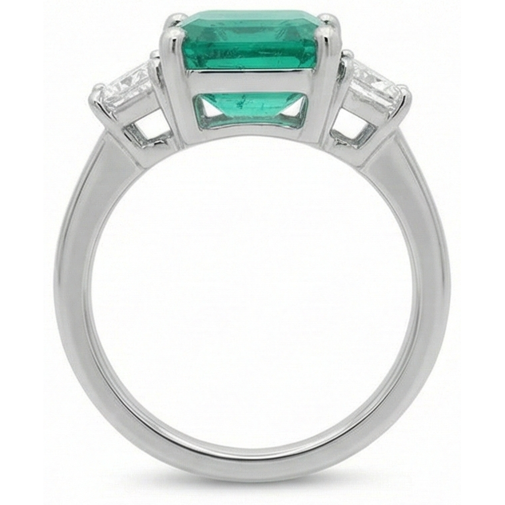 4,25 Karat Grüner Smaragd Aus der Erde Abgebauter Natürlicher Diamant Drei Stein Ring Weißgold 14K Neu