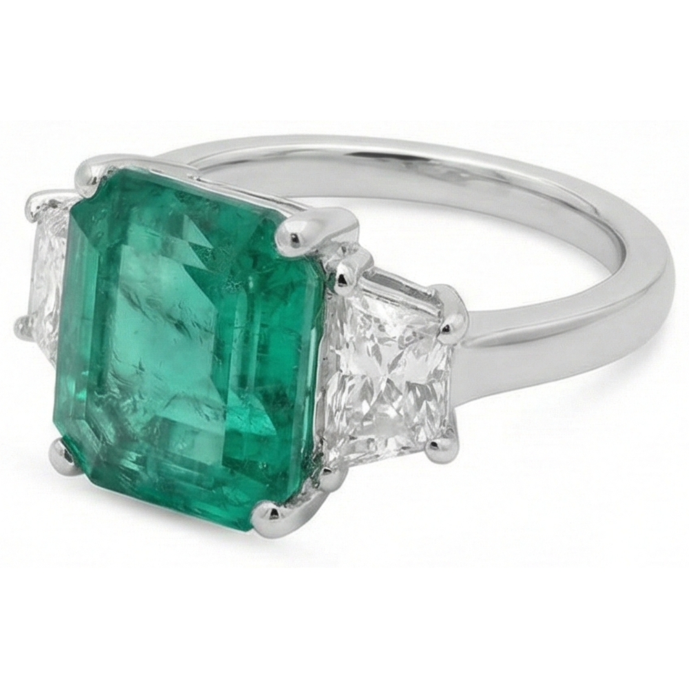 4,25 Karat Grüner Smaragd Aus der Erde Abgebauter Natürlicher Diamant Drei Stein Ring Weißgold 14K Neu