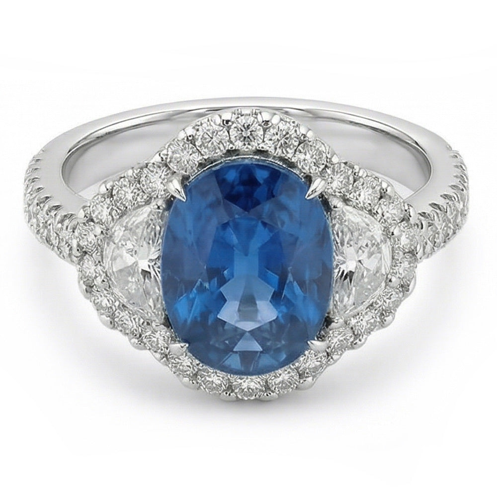 4,25 Karat Sri Lanka Blauer Saphir Aus der Erde Abgebauter Natürlicher Diamant Ehering Weißgold