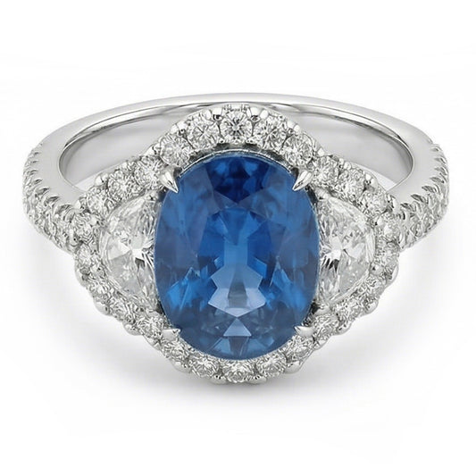 4,25 Karat Sri Lanka Blauer Saphir Aus der Erde Abgebauter Natürlicher Diamant Ehering Weißgold