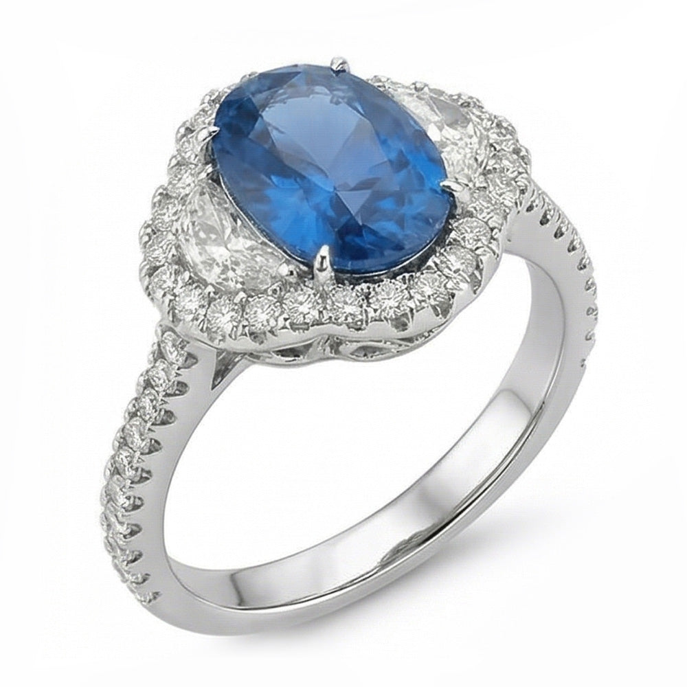 4,25 Karat Sri Lanka Blauer Saphir Aus der Erde Abgebauter Natürlicher Diamant Ehering Weißgold