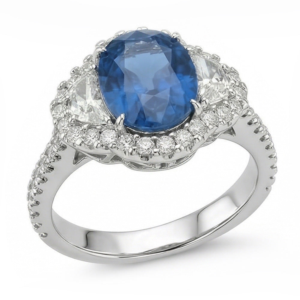 4,25 Karat Sri Lanka Blauer Saphir Aus der Erde Abgebauter Natürlicher Diamant Ehering Weißgold