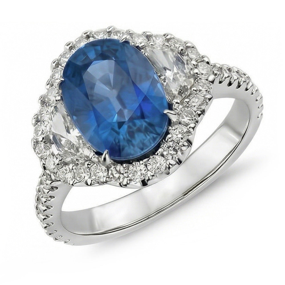 4,25 Karat Sri Lanka Blauer Saphir Aus der Erde Abgebauter Natürlicher Diamant Ehering Weißgold