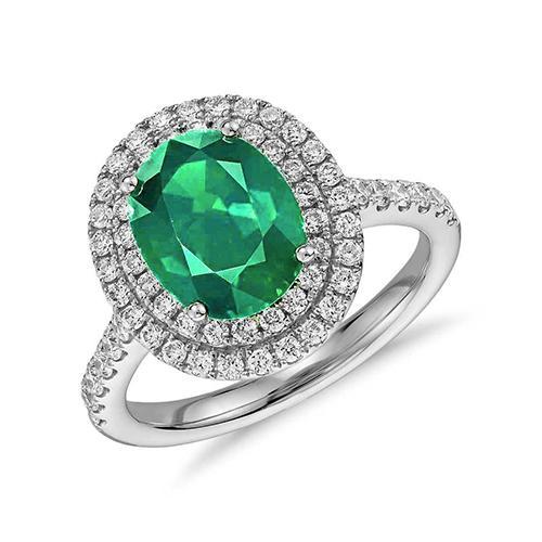 4.35 Karat Grün Smaragd mit Diamanten Ring Double Halo 14K Weißgold